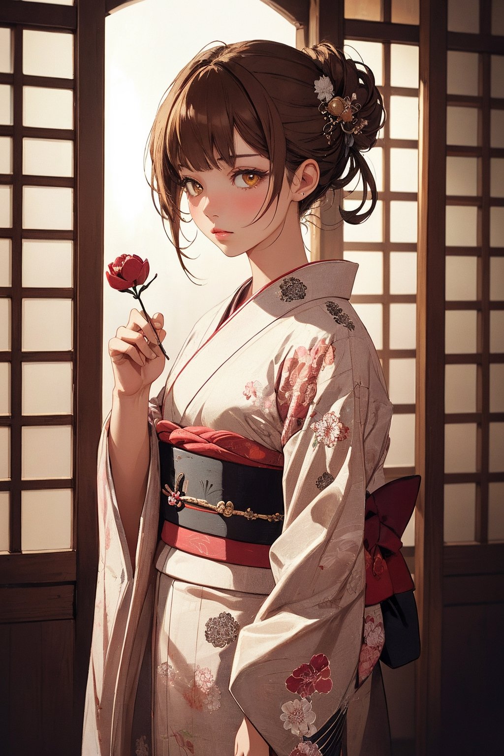 A Ultra realistic, a stunningly girl in (Peony pattern kimono:0.9), ornaments, flirting, filigree, colorful, sparkels, highlights, digital art, masterwork, brown hair, shrine, amber eyes, chignon, dark theme, soothing tones, muted colors, high contrast, (natural skin texture, hyperrealism, soft light, sharp)