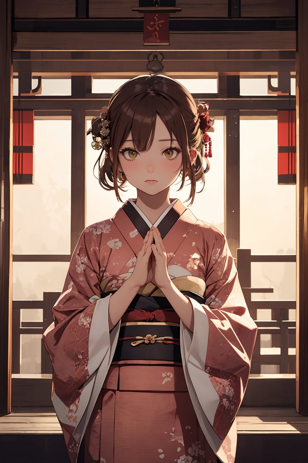 A Ultra realistic, a stunningly girl in (Pine and plum  pattern kimono:0.9), ornaments, flirting, filigree, colorful, sparkels, highlights, digital art, masterwork, brown hair, (pray with her palms together), at a shrine , amber eyes, chignon, dark theme, soothing tones, muted colors, high contrast, (natural skin texture, hyperrealism, soft light, sharp), 