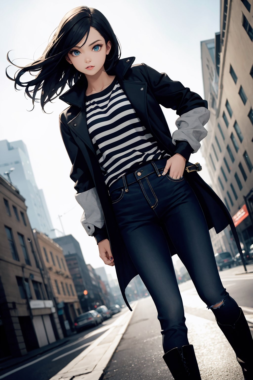 masterpiece, ultra high res, absurdres, (photo realistic),
A young female fashion model, armond eyes, BREAK,
gradient hair, Loose Topsy-Tail,BREAK,
(early spring fashion:1.2),
She looks cool and urban in her grey coat, striped shirt, black jeans, and lug sole boots. Her coat has some distressed details and an oversized fit that give it an edgy vibe. Her shirt is blue and white striped, adding some freshness to her look. Her boots are combat-style and add some contrast to her outfit. She is ready to hit the streets with confidence.
(dynamic pose:0.7),
simple background,dutch angle,