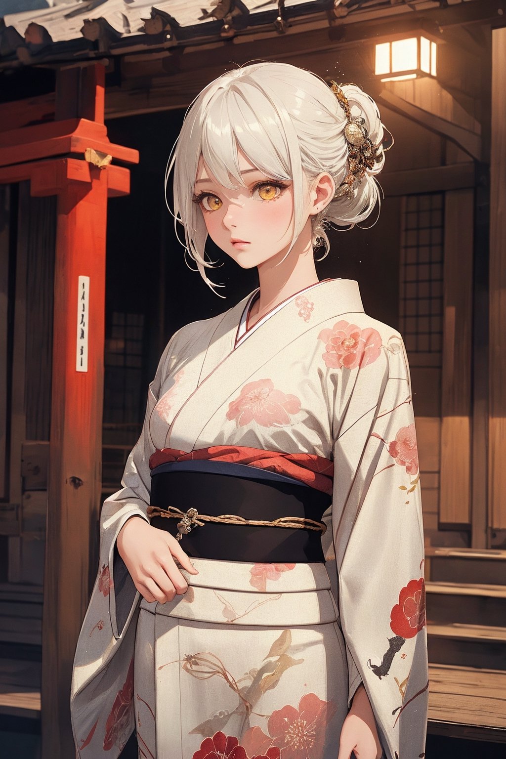 A Ultra realistic, a stunningly girl in Crane and turtle pattern kimono, ornaments, flirting, filigree, colorful, sparkels, highlights, digital art, masterwork, white hair, shrine, amber eyes, chignon, dark theme, soothing tones, muted colors, high contrast, (natural skin texture, hyperrealism, soft light, sharp)