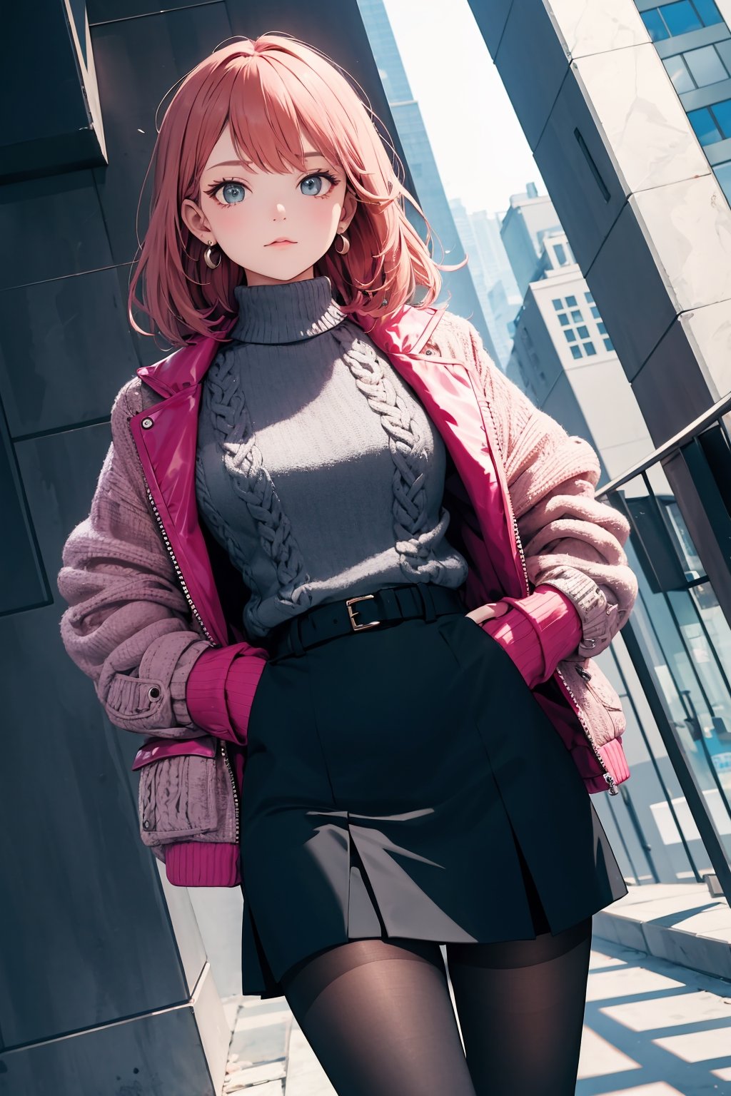 masterpiece, ultra high res, absurdres, A young female fashion model, (winter fashion), Feminine Mode style, Pink tweed set-up jacket, Black turtleneck sweater, Tweed set-up skirt, Pearl earrings, black pantyhose, BREAK,
seductive expression, 
 simple background,dutch angle, 