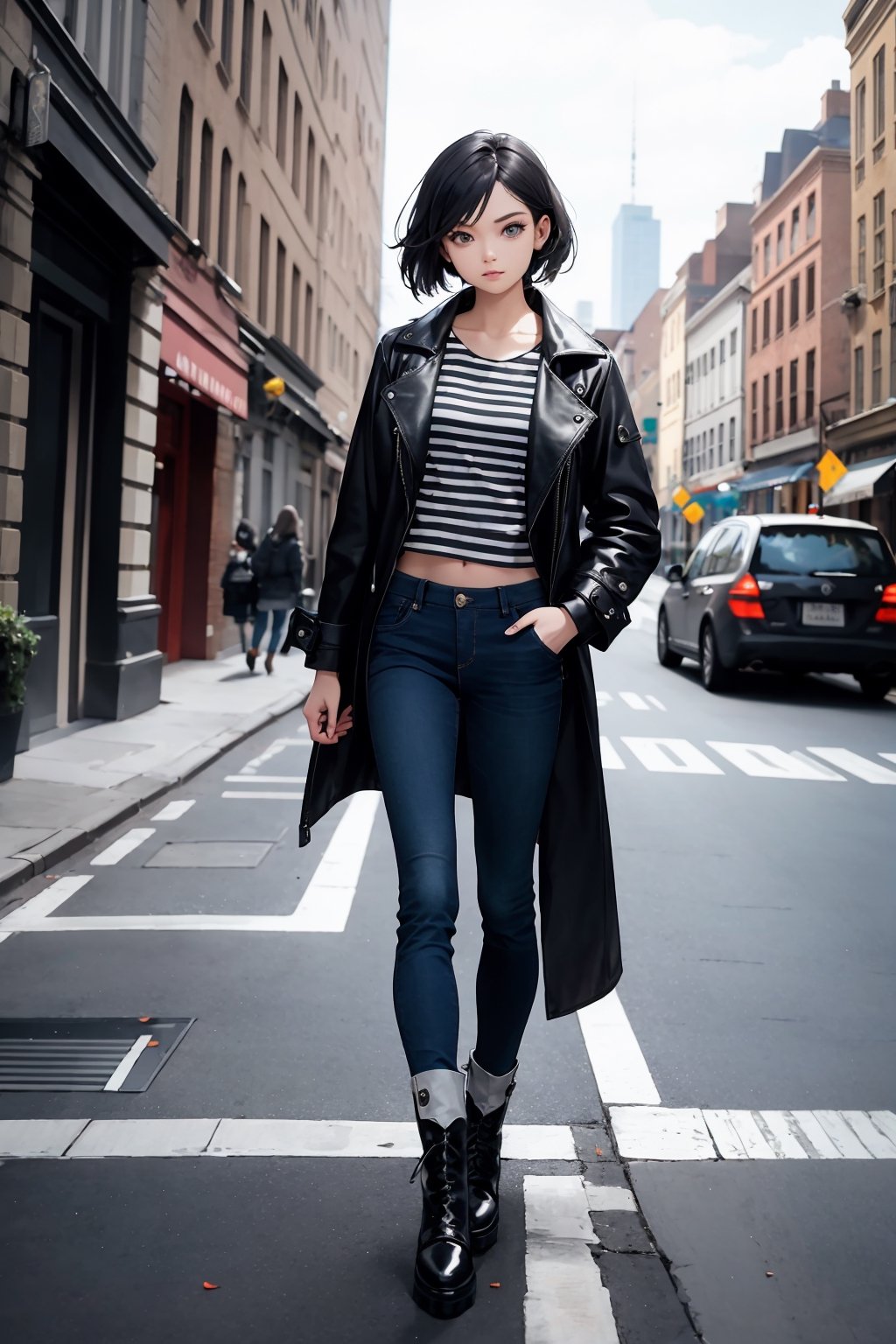 masterpiece, ultra high res, absurdres, (photo realistic),
A young female fashion model, armond eyes, BREAK,
gradient hair, Loose Topsy-Tail,BREAK,
(early spring fashion:1.2),
She looks cool and urban in her grey coat, striped shirt, black jeans, and lug sole boots. Her coat has some distressed details and an oversized fit that give it an edgy vibe. Her shirt is blue and white striped, adding some freshness to her look. Her boots are combat-style and add some contrast to her outfit. She is ready to hit the streets with confidence.
(dynamic pose:0.7),
simple background,dutch angle,