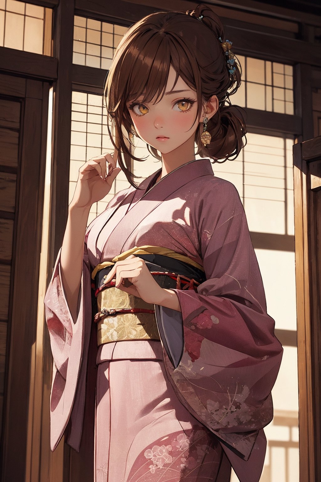 A Ultra realistic, a stunningly girl in (Pine and plum  pattern kimono:0.9), ornaments, flirting, filigree, colorful, sparkels, highlights, digital art, masterwork, brown hair, shrine, amber eyes, chignon, dark theme, soothing tones, muted colors, high contrast, (natural skin texture, hyperrealism, soft light, sharp)