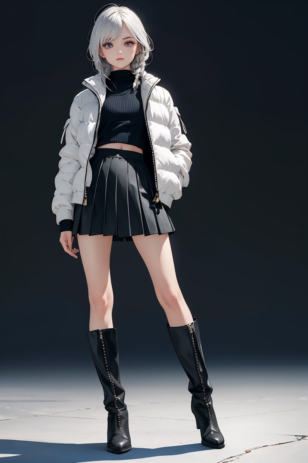 masterpiece, ultra high res, absurdres, (photo realistic), A young female fashion model, armond eyes, BREAK, silver hair, Fishtail Braid,BREAK, (winter fashion:1.2), She looks cozy and cute in her puffy jacket, midi skirt, and knee-high boots. Her jacket is a soft cream color that matches her skirt, which has a pleated design and a checkered pattern. Her boots are brown and complement her outfit well. She is ready to brave the cold weather with style. (black pantyhose:0.6),(dynamic pose:0.7), simple background,dutch angle, 