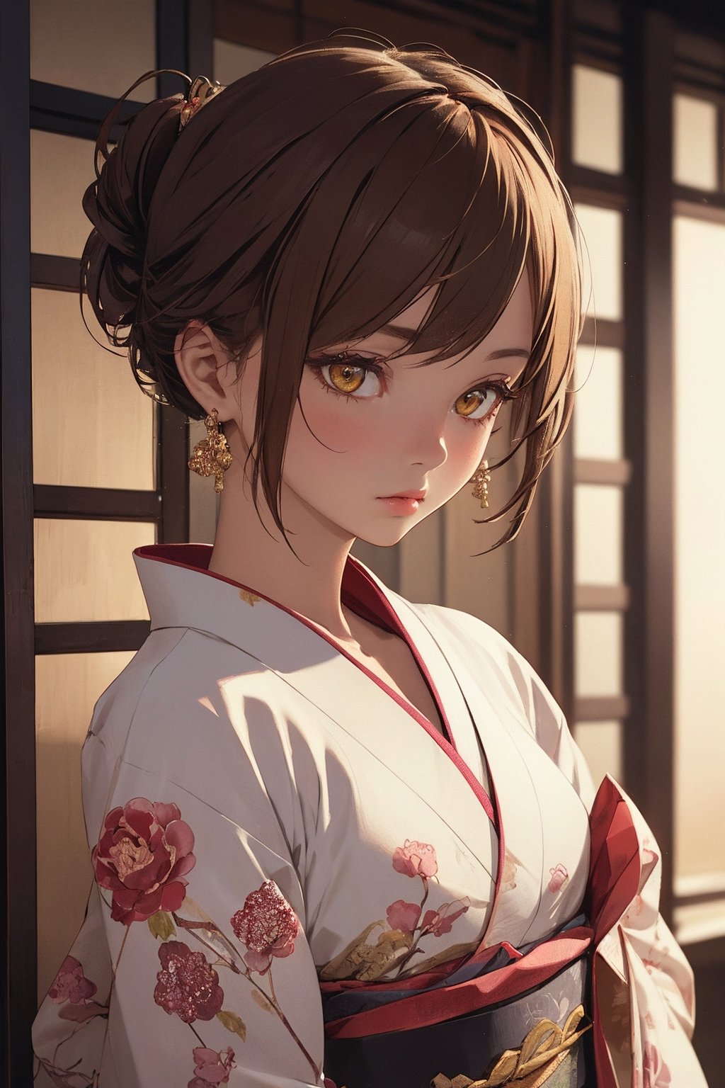 A Ultra realistic, a stunningly girl in (Peony pattern kimono:0.9), ornaments, flirting, filigree, colorful, sparkels, highlights, digital art, masterwork, brown hair, shrine, amber eyes, chignon, dark theme, soothing tones, muted colors, high contrast, (natural skin texture, hyperrealism, soft light, sharp)