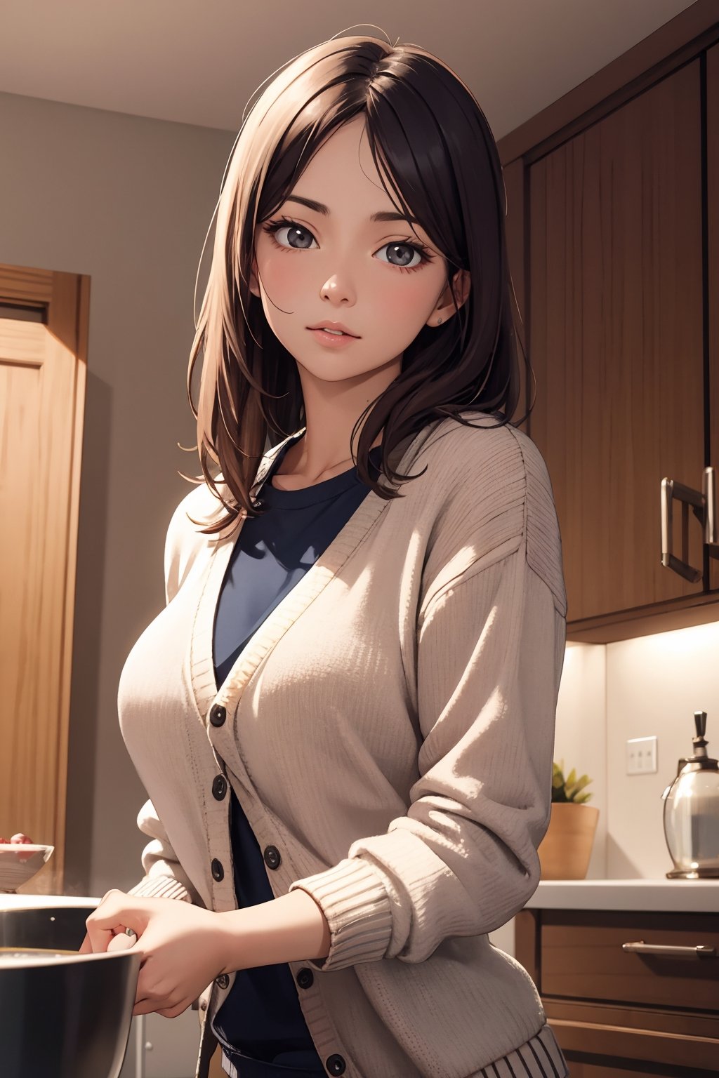 masterpiece, ultra high res, absurdres, photo realistic, In the early morning, a housewife in her thirties, (natural face), (small breast), (a slender waist that curves gracefully from her hips to her ribs:0.4), (puts on a cardigan over her sweatshirt and sweatpants ), (leaning forward:0.7), 