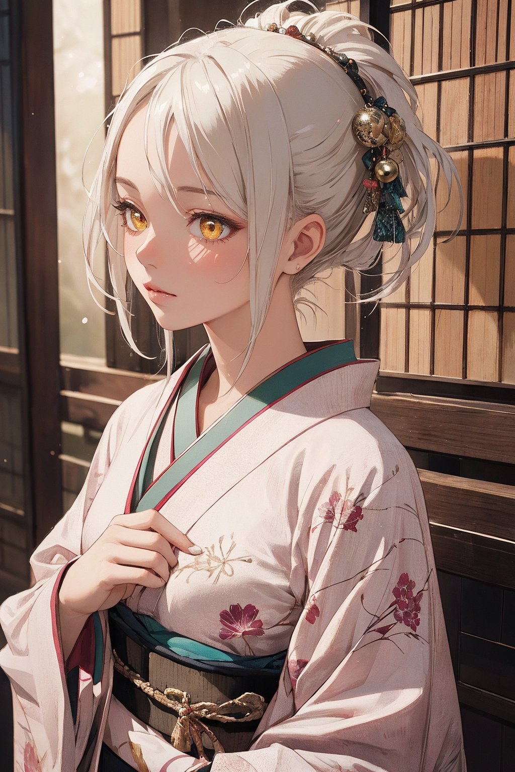 A Ultra realistic, a stunningly girl in (Pine, bamboo and plum pattern kimono:0.9), ornaments, flirting, filigree, colorful, sparkels, highlights, digital art, masterwork, white hair, shrine, amber eyes, chignon, dark theme, soothing tones, muted colors, high contrast, (natural skin texture, hyperrealism, soft light, sharp)