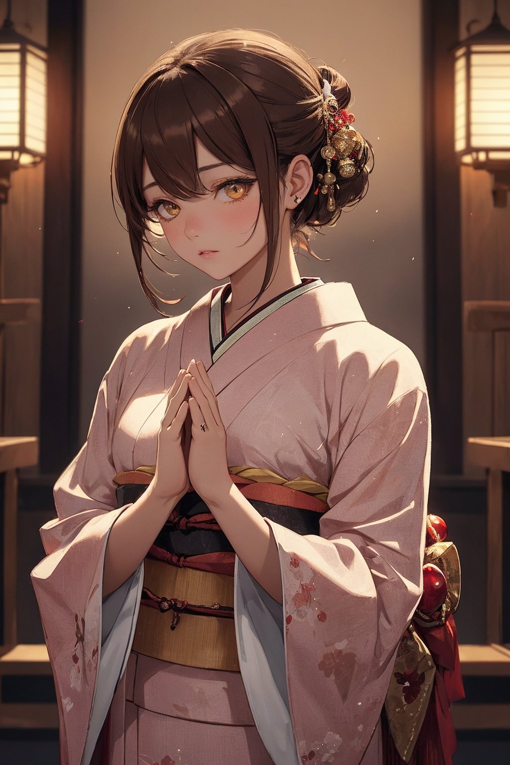 A Ultra realistic, a stunningly girl in (Pine and plum  pattern kimono:0.9), ornaments, flirting, filigree, colorful, sparkels, highlights, digital art, masterwork, brown hair, (pray with her palms together at a shrine) , amber eyes, chignon, dark theme, soothing tones, muted colors, high contrast, (natural skin texture, hyperrealism, soft light, sharp), 