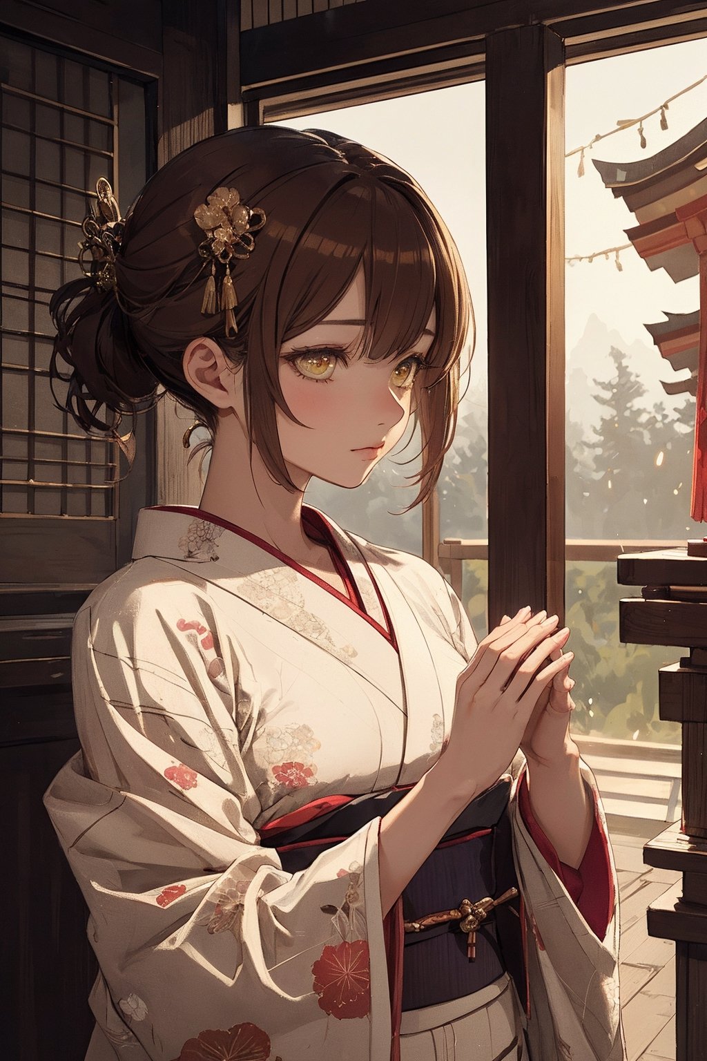 A Ultra realistic, a stunningly girl in (Pine and plum  pattern kimono:0.9), ornaments, flirting, filigree, colorful, sparkels, highlights, digital art, masterwork, brown hair, (pray with her palms together at a shrine:1.2) , amber eyes, chignon, dark theme, soothing tones, muted colors, high contrast, (natural skin texture, hyperrealism, soft light, sharp)