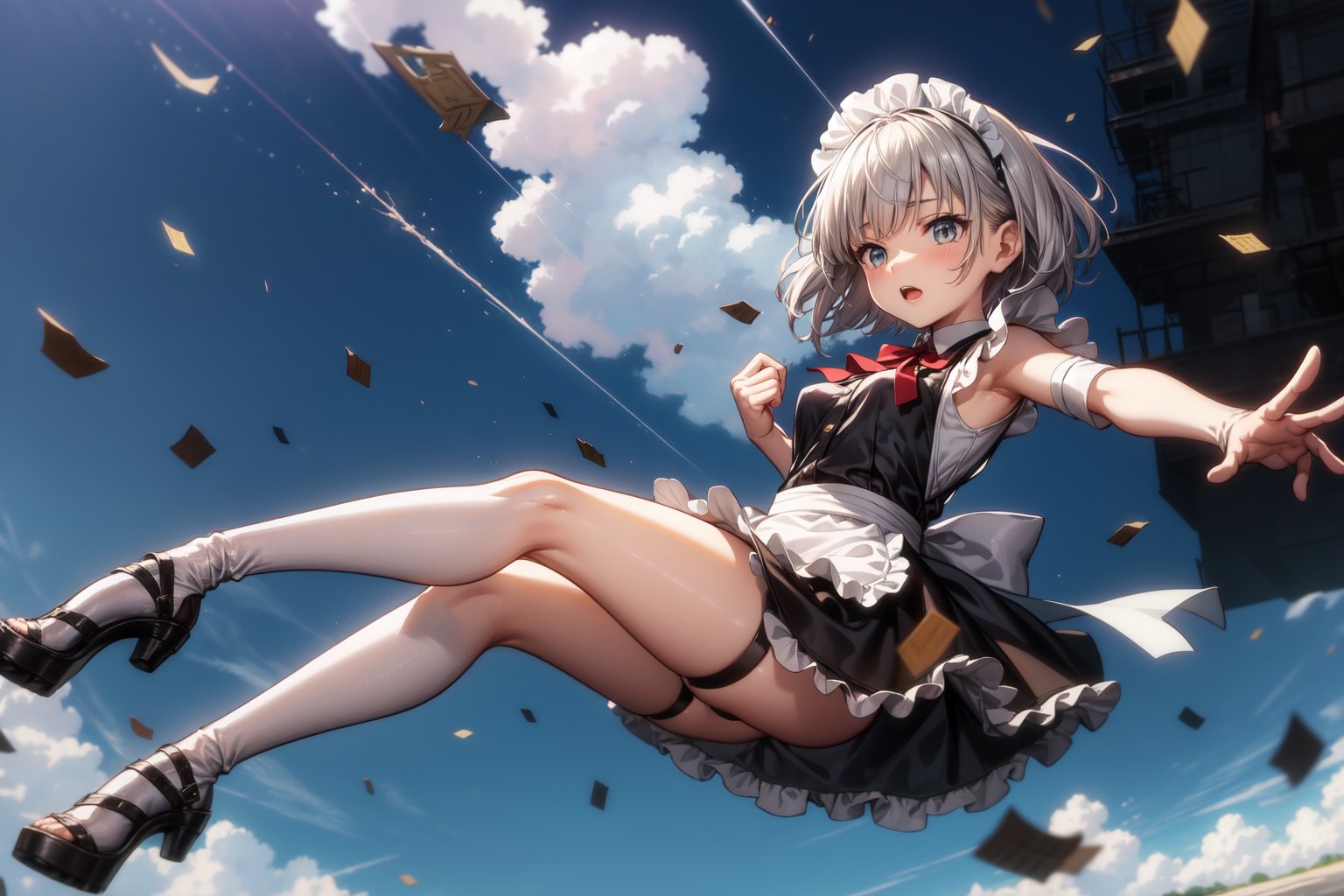 Solo, Silver Short Shaggy Haircut With Short Fringe, Wearing Maid Outfit, Falling From The Sky,yofukashi background