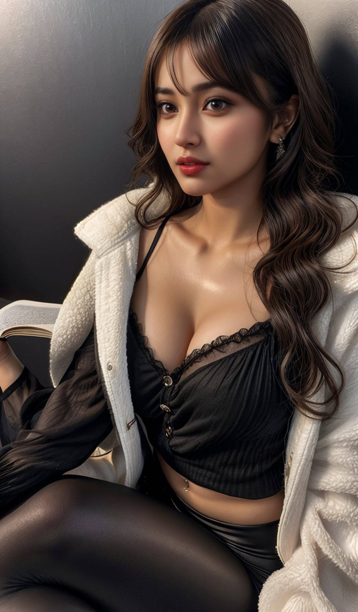 20 years old Indian girl with beautiful high heel, erotic instagram model, moaning, romantic_mood, red lips, blush, (one side parted disheveled curly long hair:1), sexy muscular body with abs, (cleavage:0.5), (perky breasts:1.2), full body, Photorealistic, Hyperrealistic, Hyperdetailed, detailed saturated skin, soft lighting, subsurface scattering, (realistic textures:1.3), masterpiece, best quality, ultra realistic, dynamic abstract background, HeatPortrait, light studio, Indian, hard light, books in her hands, biting lips, big boobs, black blouse and white leggings with big white XXL jacket, leggings, low leggings,brown eyes