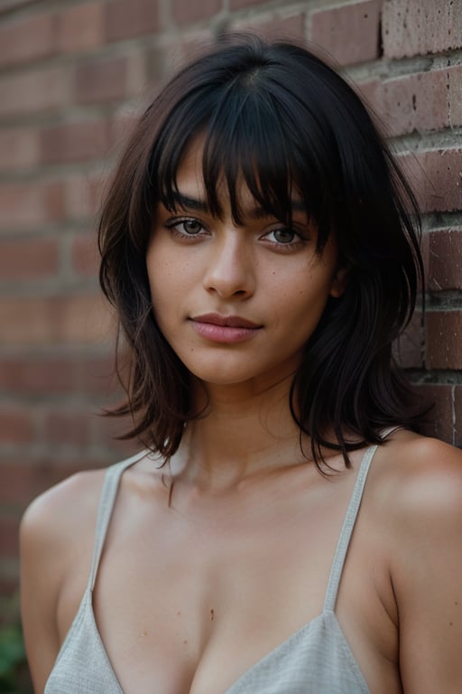 Stunningly beautiful photorealistic eighteen year old Indian girl standing, no shirt, noticeably delineated visible breast and small nipples, alluring smile, army cut trimmed hairstyle, highly detailed eyes, realistic eyeballs, detailed symmetrical realistic face, simetrick eyeballs, eyeballs small eyepieces, natural skin texture, highly detailed skin, porous skin, peach fuzz, masterpiece, absurd, dark eye colors, black hair, award winning photo by lee jeffries, stock photography nikon d850 film, kodak lens portra 400 f1.6 camera, extremely detailed, stunning, fine detail, rich color, hyper realistic texture, dramatic lighting, natural shadow, unrealengine, trending on artstation, cinestill 800 tungsten, looking at the viewer, photorealistic, RAW photo, TanvirTamim , high quality, high resolution, sharp focus, extremely small box, cinematic lighting, 8k uhd, brick wall backdrop