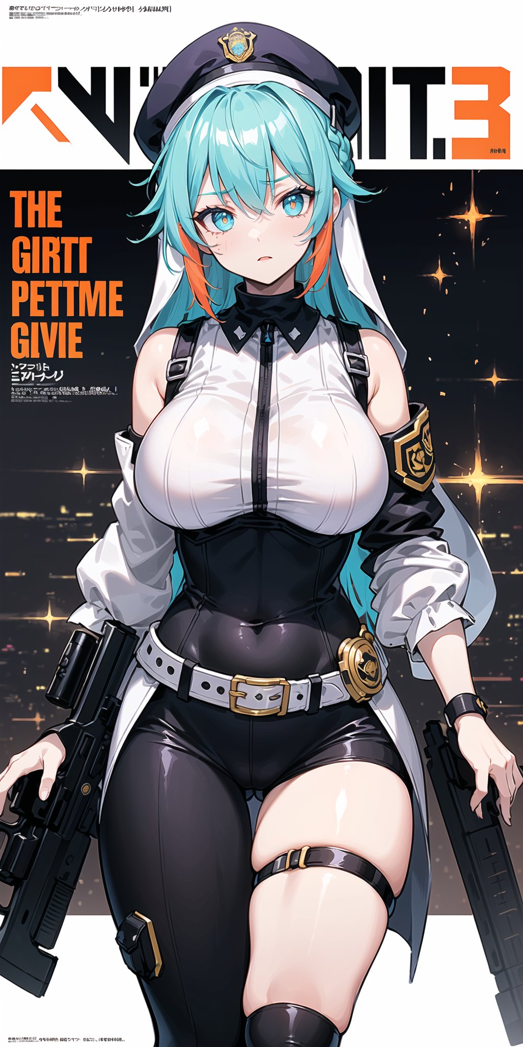 ((((dramatic))), (((gritty))), (((intense))) 1girl, tactical (nun) police,((scifi elements)) ((cyberpunk elements) (militar purple beret) religeous badge, ((priest collar)) (big breast with pointy niples), tigth white yellow bodysuit, white vest, orange and cyan details, ((tigth sleeves)) tactical straps, tactical accesories, white sniper rifle and sword on back, long legs, ((police vehicle)) action stand (((design based on religeuos items))) (nigth neon city) The background is dark and gritty, with a sense of danger and intensity. The text is bold and attention-grabbing, with a catchy tagline that adds to the overall feeling of drama and excitement. The color palette is mainly dark with splashes of vibrant colors, giving the poster a dynamic and visually striking appearance,tachi-e (magazine:1.3), (cover-style:1.3), fashionable, woman, vibrant, outfit, posing, front, colorful, dynamic, background, elements, confident, expression, holding, statement, accessory, majestic, coiled, around, touch, scene, text, cover, bold, attention-grabbing, title, stylish, font, catchy, headline, larger, striking, modern, trendy, focus, fashion, multicolored_hair