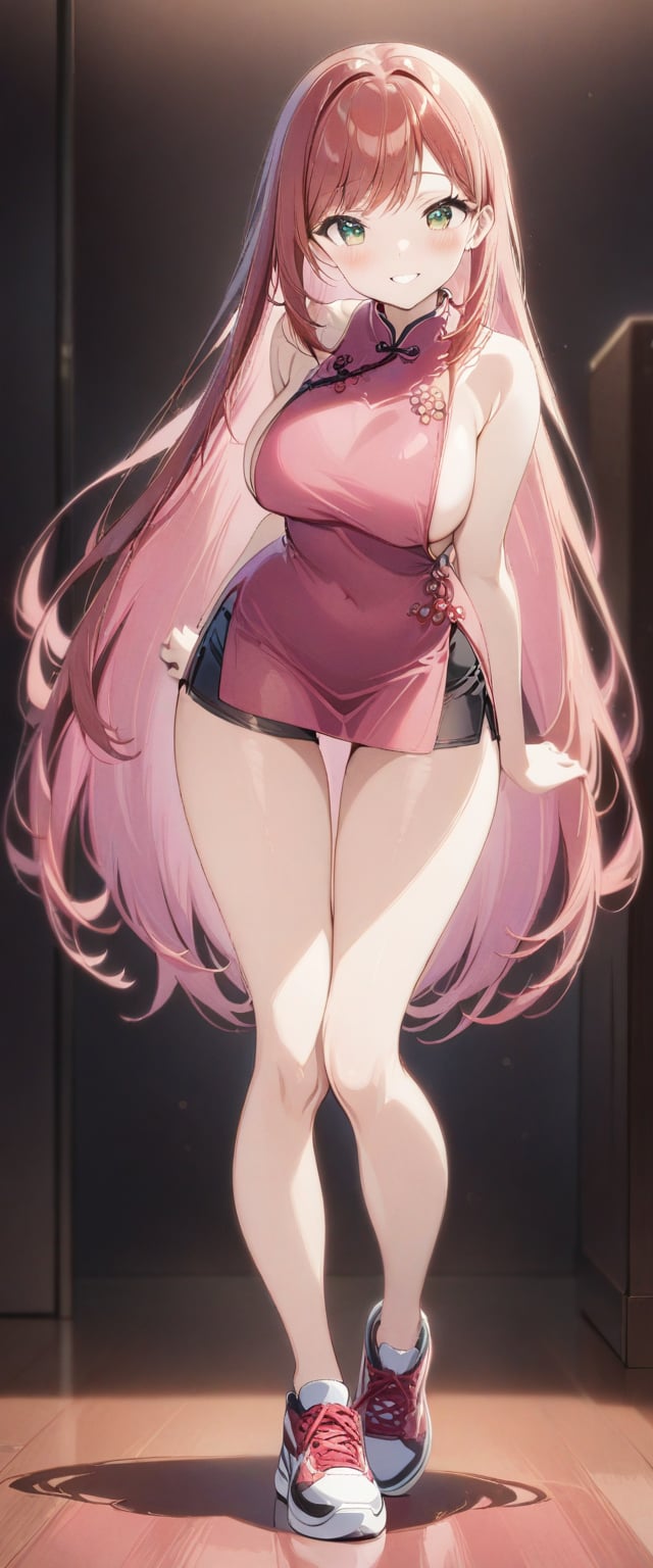 1girl, solo, full body, standing, tall, masterpiece, very aesthetic, very long hair, blushing, happy face, pink qipao, swept bangs, gradient green eyes, red hair, top breasts, bare shoulders, black shorts, sideboobs, sneakers, thigh gap, pink inner hair glow, Visual_Illustration,