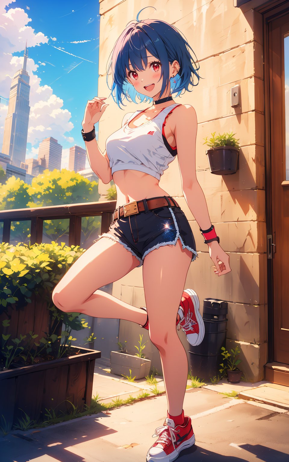 1girl, solo, 25yo, breasts, looking at viewer, blush, smile, short hair, open mouth, diagonal bangs, cropped shirt, red eyes, navel, bare shoulders, medium breasts, blue hair, standing, full body, thighs, outdoors, sky, sport shoes, shorts, sleeveless, choker, day, midriff, punk belt, cloud, hand up, blue sky, crop top,microshorts, bare legs, thigh strap (only on right leg, loose), black choker, black shorts, standing on one leg, building, sneakers, wristband, blue glitter inner hair, tall, masterpiece, best quality, very aesthetic, absurdres, one character, single view, no duplicates, Nice legs and hot body