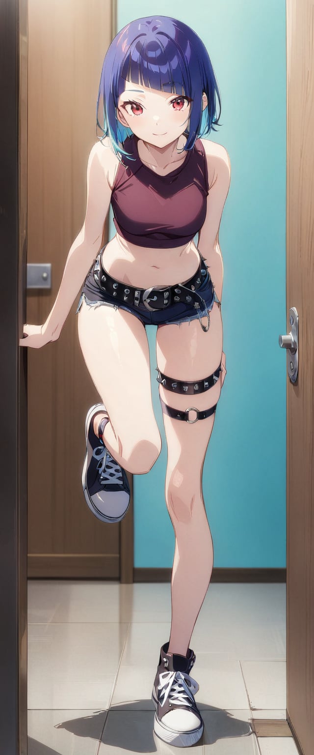 1girl, solo, full body, standing, tall, masterpiece, best quality, very aesthetic, short hair, happy face, crop top, diagonal bangs, red eyes, blue hair, medium breasts, black microshorts, punk belt, sneakers, thigh strap (only on right leg, loose), aqua inner hair, ANIME GIRL, Visual_Illustration, COMIC GIRL