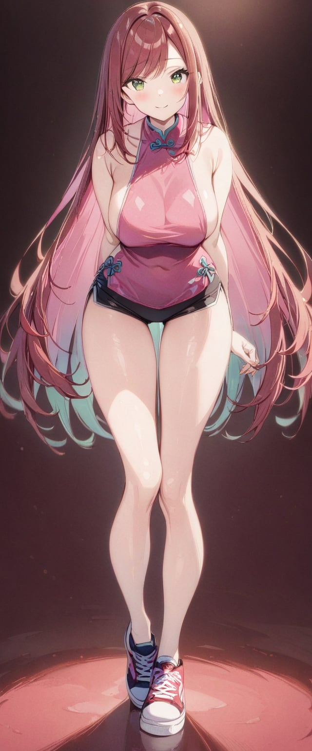 1girl, solo, full body, standing, tall, masterpiece, very aesthetic, very long hair, blushing, happy face, pink qipao, swept bangs, gradient green eyes, red hair, top breasts, bare shoulders, black shorts, sideboobs, sneakers, thigh gap, pink inner hair glow, Visual_Illustration,