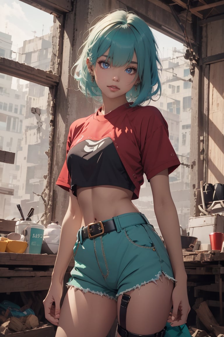 1girl, solo, full body, standing, tall, masterpiece, best quality, very aesthetic, short hair, happy face, crop top, diagonal bangs, red eyes, blue hair, medium breasts, black microshorts, punk belt, sneakers, thigh strap (only on right leg, loose), aqua inner hair, ARISTYLE4