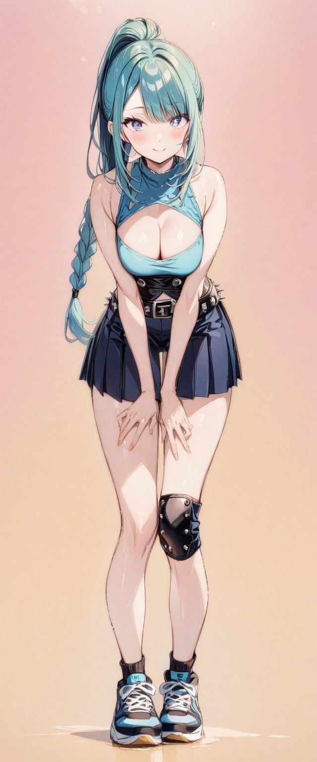 1girl, solo, full body, standing, tall, tight, front view, masterpiece, very aesthetic, very long braided ponytail, blushing, happy face, corset, breasts, cleavage cutout, asymmetrical bangs, gradient blue eyes, aquamarine hair, breasts, bare shoulders, pleated skirt, punk belt, sneakers, thigh gap, sports knee pad (left leg only), green inner hair, Visual_Illustration, txznf