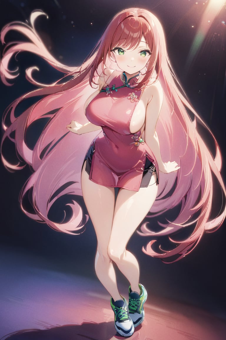 1girl, solo, full body, standing, tall, masterpiece, very aesthetic, very long hair, blushing, happy face, pink qipao, swept bangs, gradient green eyes, red hair, top breasts, bare shoulders, black shorts, sideboobs, sneakers, thigh gap, pink inner hair glow, Visual_Illustration, 