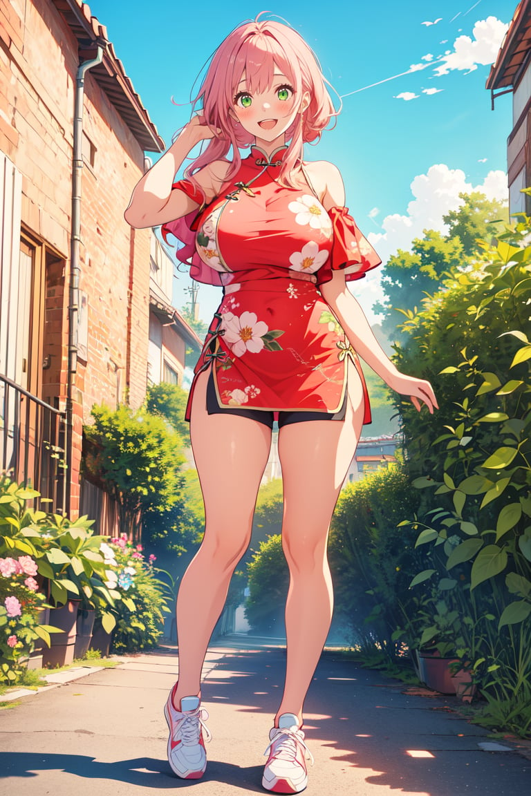 1girl, solo, 25yo, long hair, breasts, looking at viewer, blush, smile, bangs, large breasts, short qipao, bare shoulders, very long hair, open mouth, green eyes, standing, full body, thighs, red hair, outdoors, sky, sport shoes, shorts, sleeveless, cloud, hand up, street, off shoulder, microshorts, bare legs, sleeveless shirt, sleeveless dress, chinese clothes, black shorts, thigh gap, pink dress, floral print, sideboobs, sneakers, china dress, pelvic curtain, sunset, pink glitter inner hair, tall, masterpiece, best quality, very aesthetic, absurdres, one character, single view, no duplicates