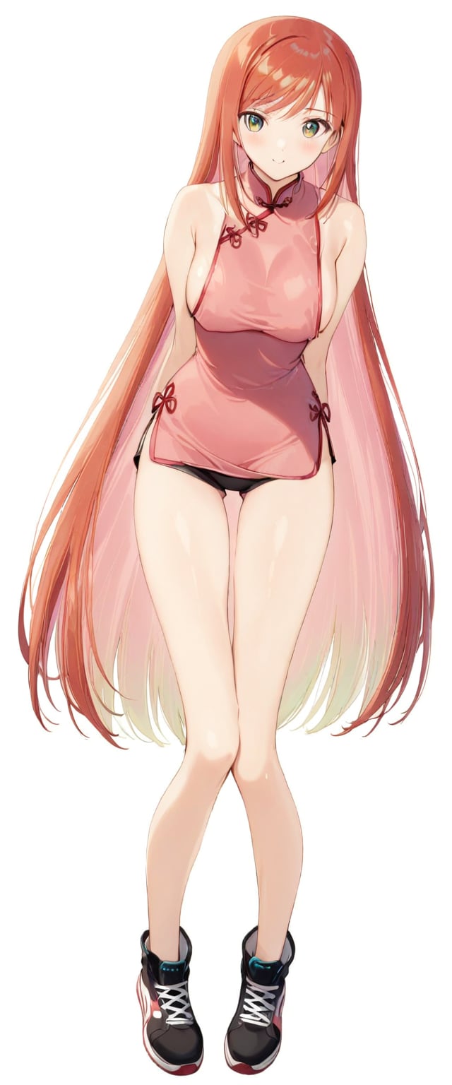 1girl, solo, full body, standing, tall, masterpiece, very aesthetic, very long hair, blushing, happy face, pink qipao, swept bangs, gradient green eyes, red hair, top breasts, bare shoulders, black shorts, sideboobs, sneakers, thigh gap, pink inner hair glow, Visual_Illustration,