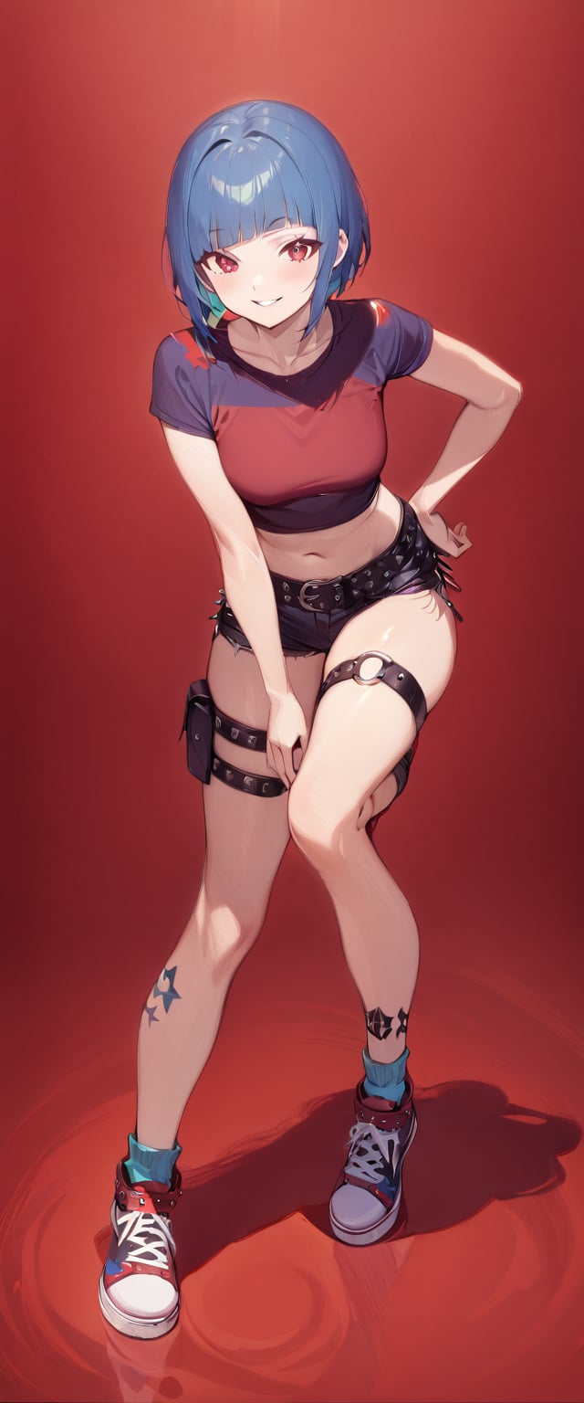 1girl, solo, full body, standing, tall, masterpiece, best quality, very aesthetic, short hair, happy face, crop top, diagonal bangs, red eyes, blue hair, medium breasts, black microshorts, punk belt, sneakers, thigh strap (only on right leg, loose), aqua inner hair, Visual_Illustration,