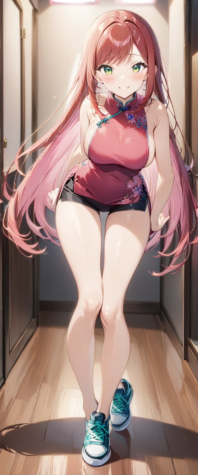 1girl, solo, full body, standing, tall, masterpiece, very aesthetic, very long hair, blushing, happy face, pink qipao, swept bangs, gradient green eyes, red hair, top breasts, bare shoulders, black shorts, sideboobs, sneakers, thigh gap, pink inner hair glow, Visual_Illustration,