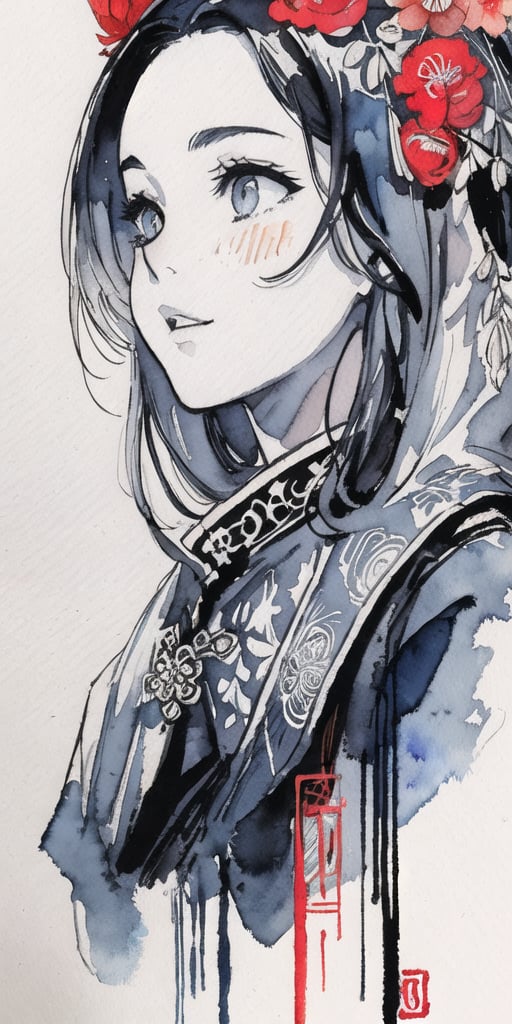 zoomed out Ink drawing of Vietnamese head lady,  moden ao Dai,  Peter Draws by Everth on Tensor.Art
