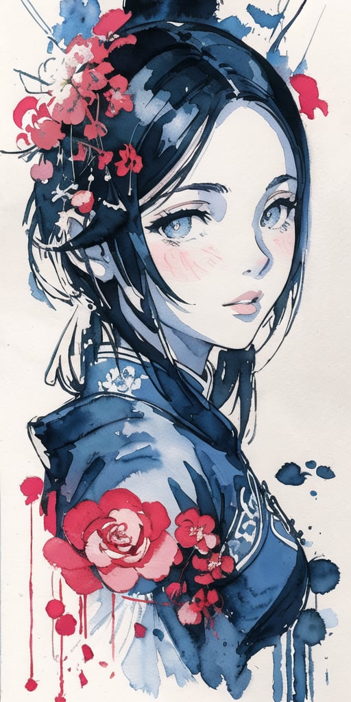 zoomed out Ink drawing of Vietnamese head lady,  moden ao Dai,  Peter Draws by Everth on Tensor.Art