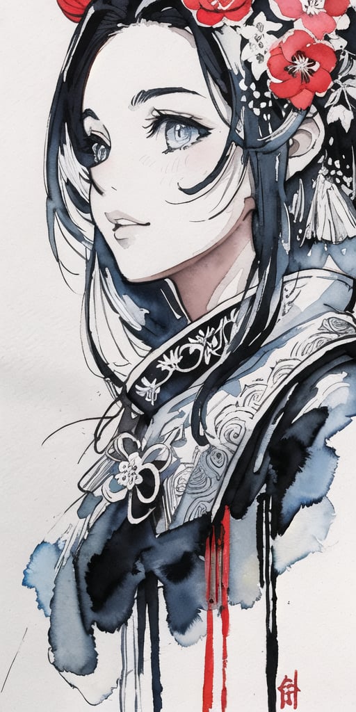 zoomed out Ink drawing of Vietnamese head lady,  moden ao Dai,  Peter Draws by Everth on Tensor.Art