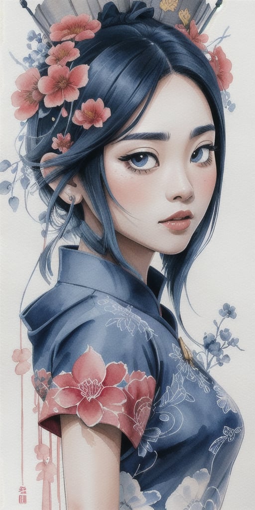 zoomed out Ink drawing of Vietnamese head lady,  moden ao Dai,  Peter Draws by Everth on Tensor.Art
