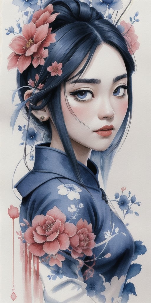 zoomed out Ink drawing of Vietnamese head lady,  moden ao Dai,  Peter Draws by Everth on Tensor.Art