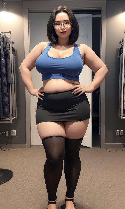 a woman with glasses and a blue tank top, and a very tight mini skirt, with big breasts, super realistic photo, symmetrical proportions, tiktok, looks like Laura Barriales, photoshopped, broadcast on Twitch, inspired by Emerson Silva, hair black to the waist, half human and half robot, highly voted, extremely chubby, Peruvian