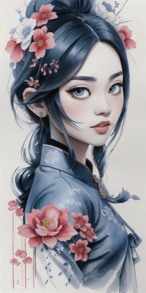 zoomed out Ink drawing of Vietnamese head lady,  moden ao Dai,  Peter Draws by Everth on Tensor.Art