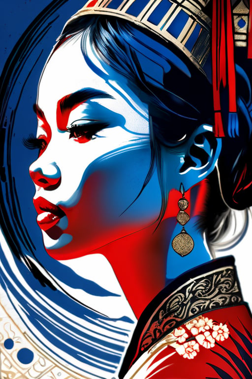 zoomed out Ink drawing of Vietnamese head lady,  moden ao Dai,  Peter Draws by Everth on Tensor.Art