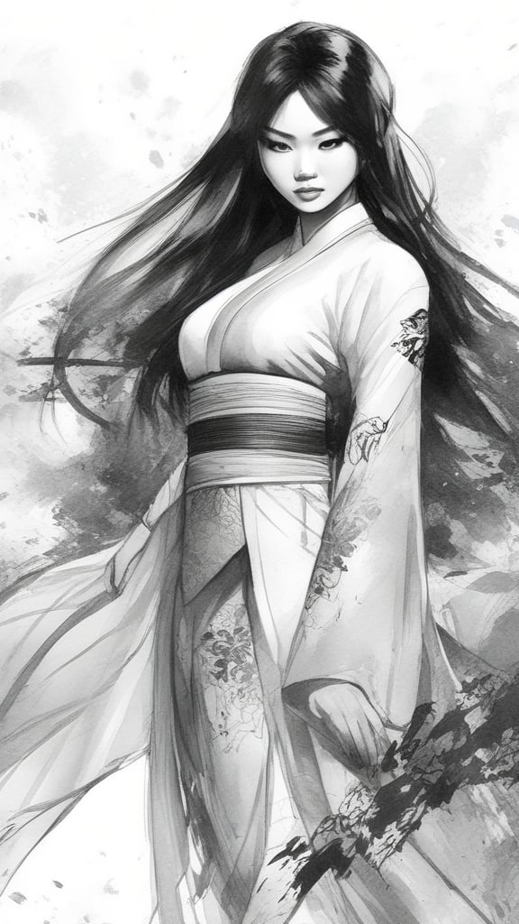 Ink drawing of Vietnamese superheroine, moden ao Dai, full body, Peter Draws, digital illustration, comic style, Dong Son drum patterns background, black and white contrast.perfect anatomy, centered, dynamic, highly detailed, watercolor painting, artstation, concept art, smooth, sharp focus, illustration, art by Carne Griffiths and Wadim Kashin ,