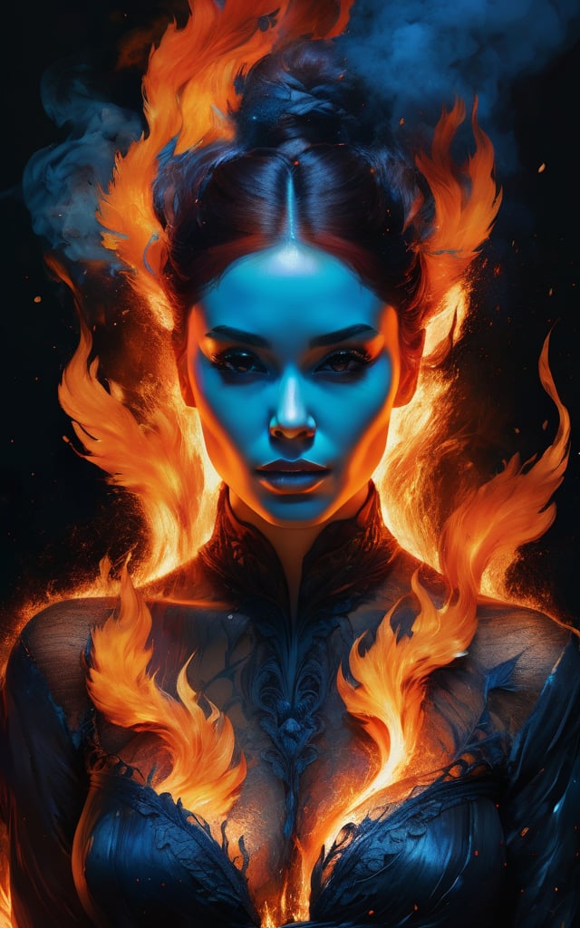 a half body portrait of a woman as made of fire, dark orange hair depicting like fiery flames,((big breasts)) orange and blue flame, dark smoke in the backgrouns, fiery sparks all over, D&D, Diablo, natural body posture, lava, Art by Alberto Seveso, by Carne Griffiths, by Wadim Kashin, by jean baptiste monge, symmetrical, abstract artstyle, intricate complex watercolor painting, sharp eyes, digital painting, color explosion, concept art, voluminetric lighting, metallic reflections, by TanvirTamim, 2d render, 8k. by artgerm, trending on artstation