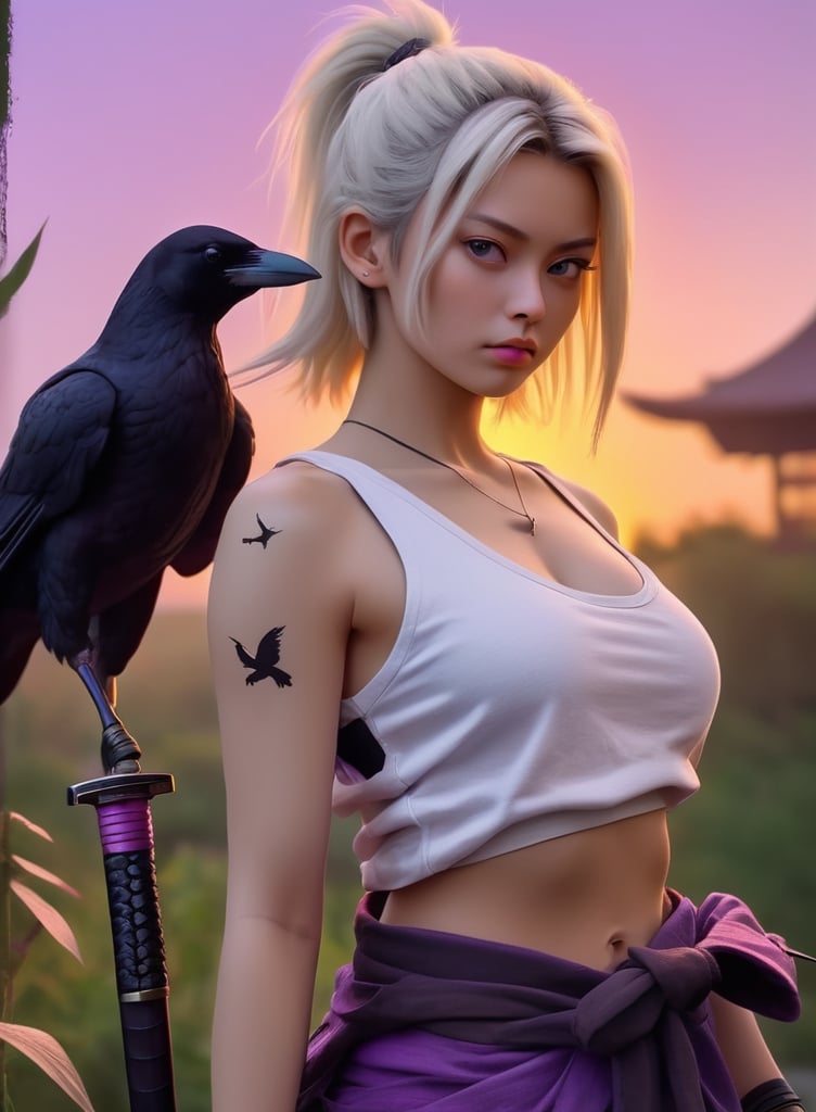 samurai, sword, sunset, very detailed, purple and shadow, crows, no face a woman in a white tank top posing for a picture, dating app icon, lot of exotic vegetation, tiktok video, blonde woman, commercial banner, russian academic, lady dimitrescu, extreme lifelike, overlay, call now, big bust, many hearts, hololive, [ [ soft ] ]