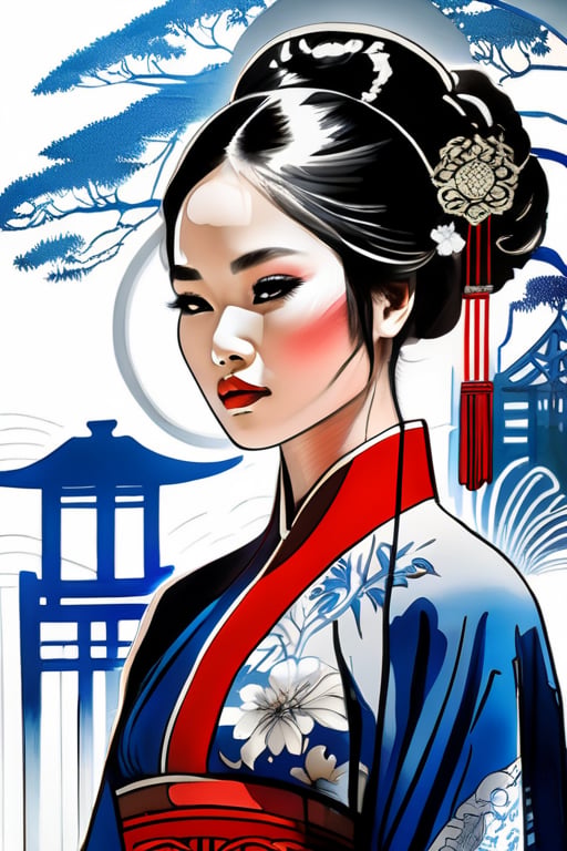zoomed out Ink drawing of Vietnamese head lady,  moden ao Dai,  Peter Draws by Everth on Tensor.Art