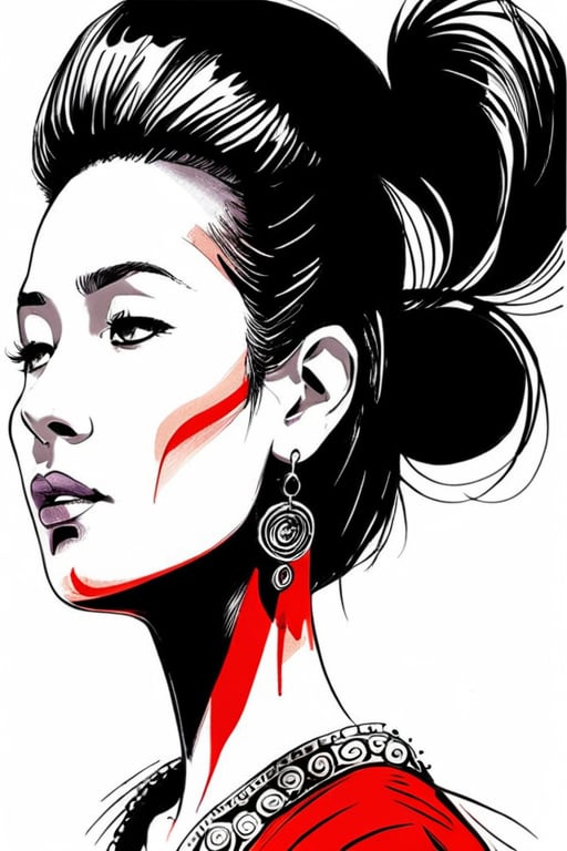 zoomed out Ink drawing of Vietnamese head lady,  moden ao Dai,  Peter Draws by Everth on Tensor.Art