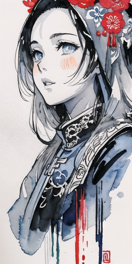 zoomed out Ink drawing of Vietnamese head lady,  moden ao Dai,  Peter Draws by Everth on Tensor.Art