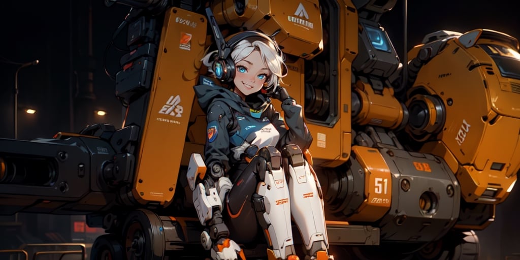  1 girl , Pilot , cute girl, pretty eyes, cheeky face , short orange and white hair , robotic headset , appendages in matching pairs , proper robot Sneakers , proper robot hands , naughty grin , Sci-fi, ultra high res, futuristic , {(little robot)}, {(solo)}, full body , {(complex, Machine background ,Macha outdoors background, Mecha Transport parts)}