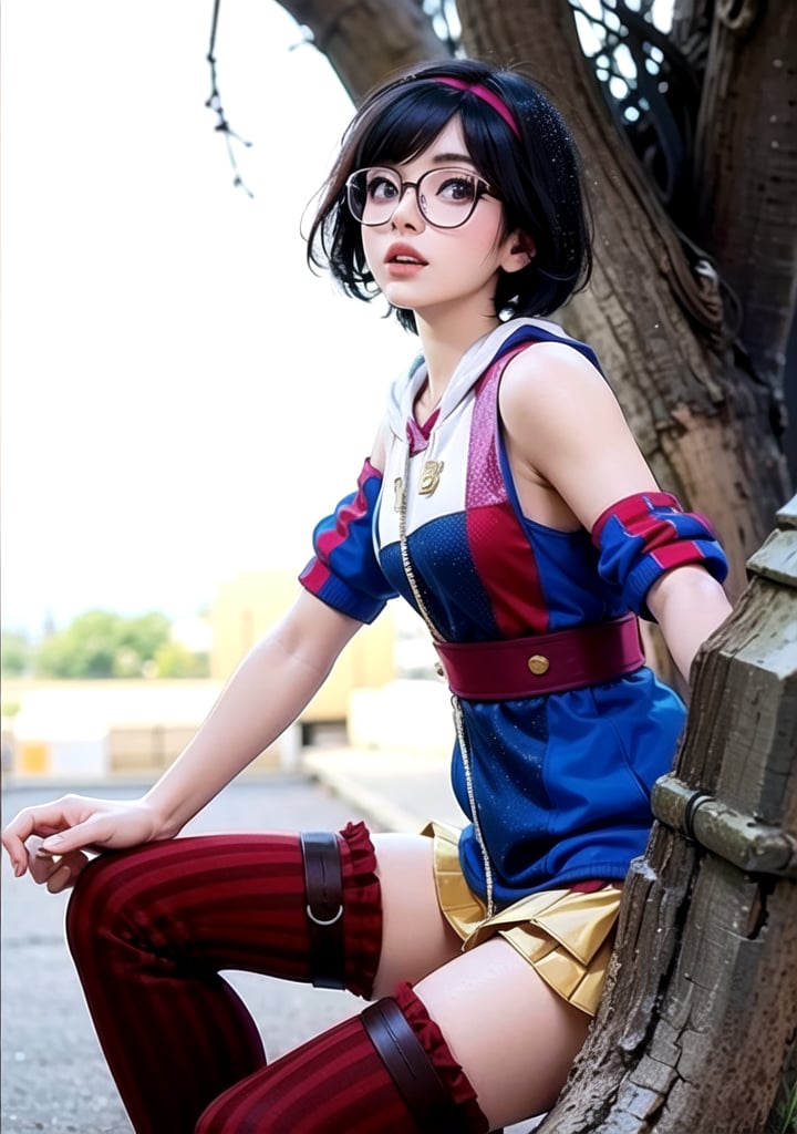 23 years old very beautiful Asian girl short hair color dye wear thick-rimmed glasses, short and small, rosy skin shiny skin Wear a hooded T-shirt Trendy Ruffled Knee Skirt cotton stockings sequined canvas sneakers Perfect anatomy, the golden ratio (masterpiece, top quality, extreme), colorful pastel swirl background