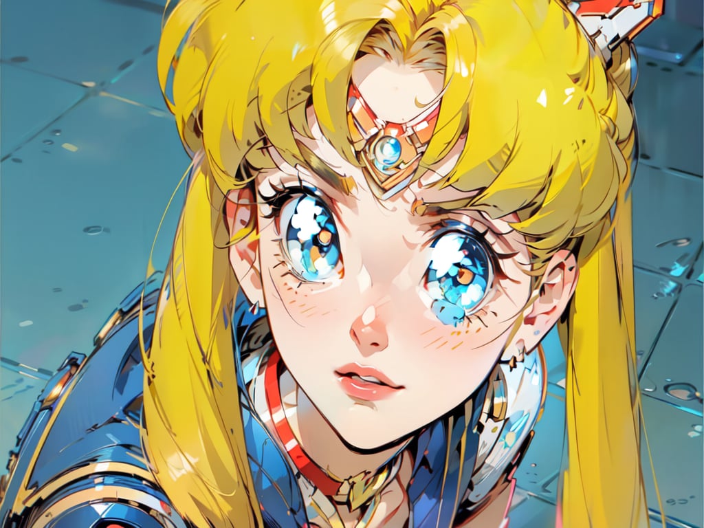  1 girl , face close up cute girl, pretty blue eyes , Sailormoon , angry face , open lips , Red collar , Blond Sailormoon hair , Sci-fi, ultra high res, futuristic , {(little robot)}, {(solo)}, Cyborg Shoulders , {(Bluish tile floor background ,)}