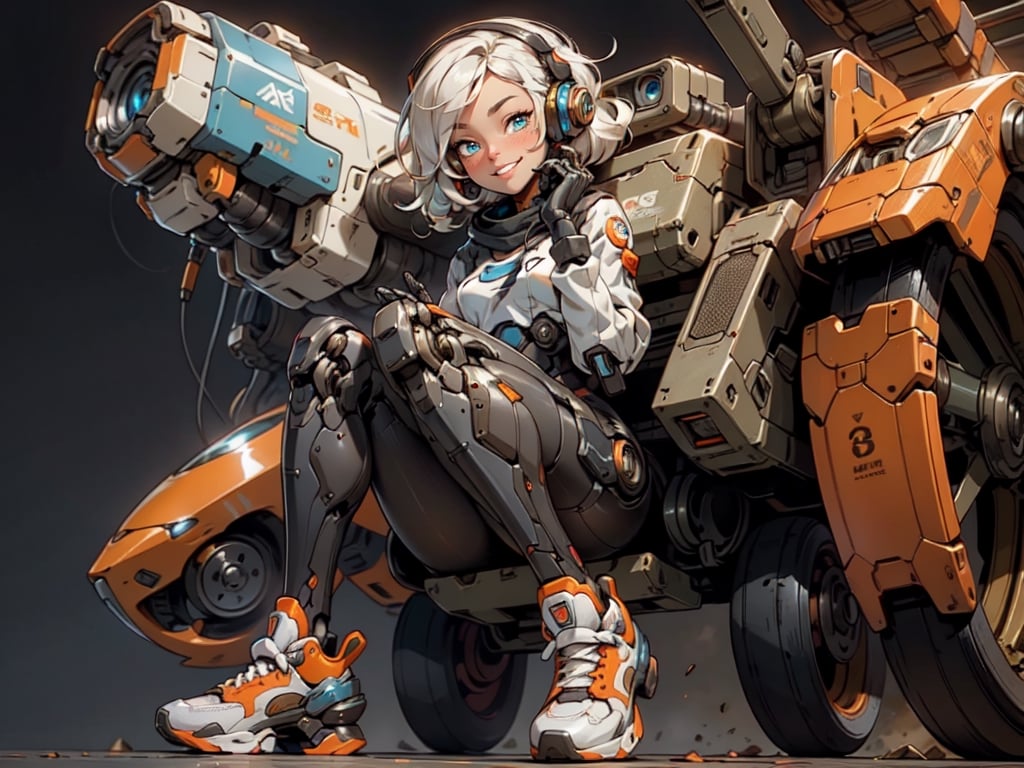  1 girl , Pilot , cute girl, pretty eyes, cheeky face , short orange and white hair , robotic headset , appendages in matching pairs , proper robot Sneakers , proper robot hands , naughty grin , Sci-fi, ultra high res, futuristic , {(little robot)}, {(solo)}, full body , {(complex, Machine background ,Macha outdoors background, Mecha Transport parts)}