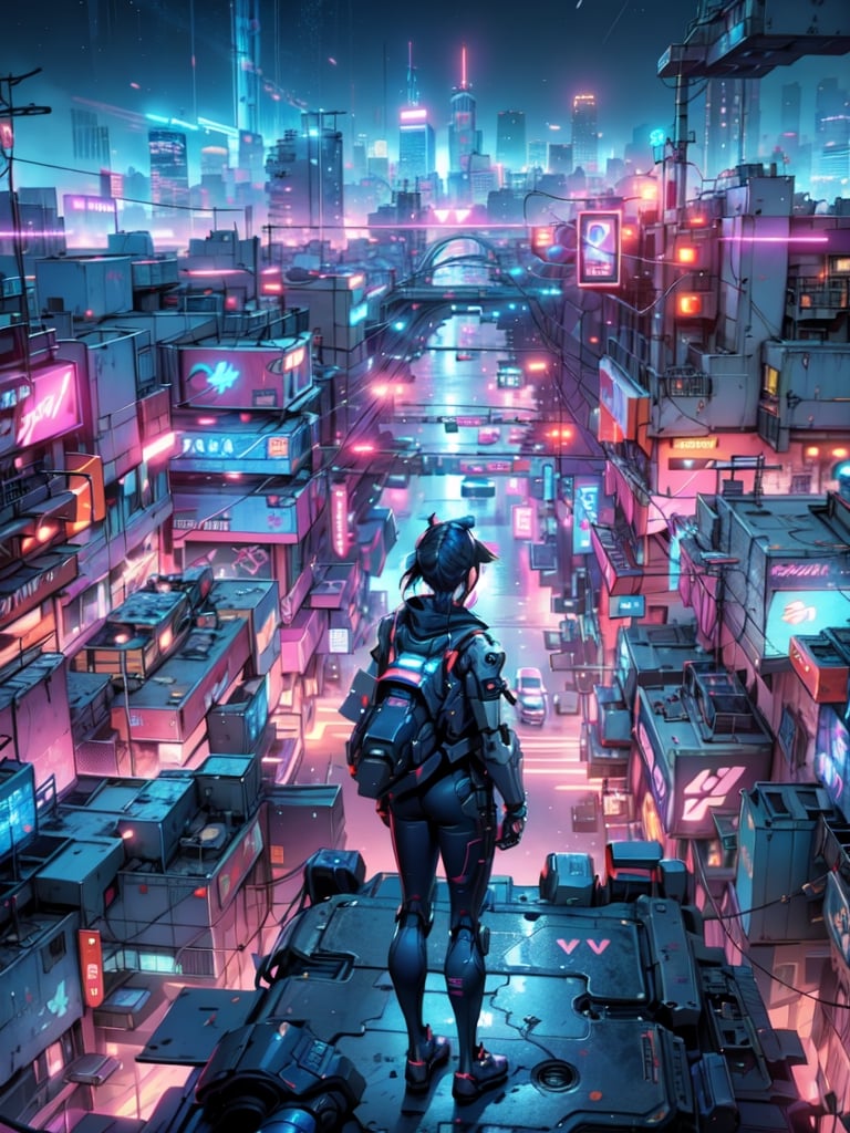 Face hidden , Sci-fi, ultra high res, futuristic, {(little robot)}, {(solo)}, full body, standing, {( Neon city background )},fate/stay background