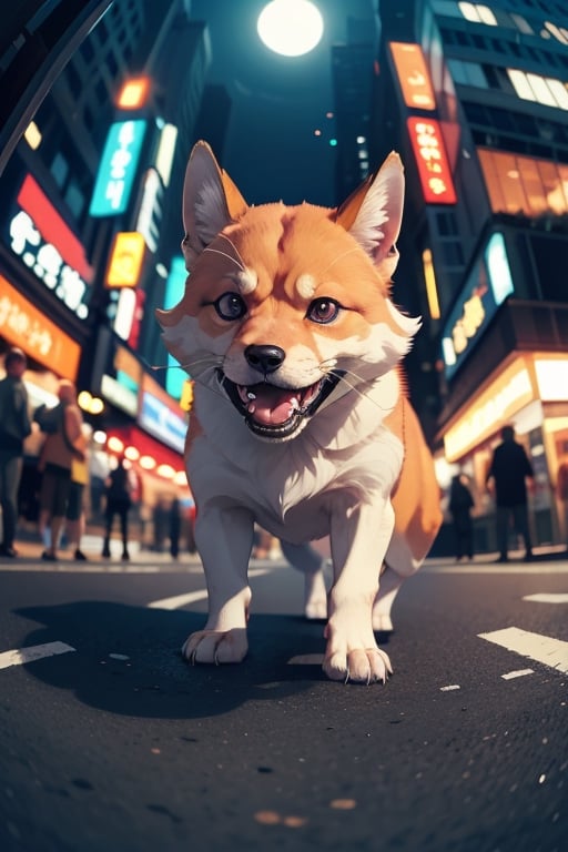 cute angry spirit fox on a old  tokio, cinematic, epic frame, fisheye, 3d effect, blur, busy city, scared people, blurred background, skyscraper, pop culture, puppy, barking puppy, angry puppy, muscled puppy, at night, epic, zoom out, fish eye