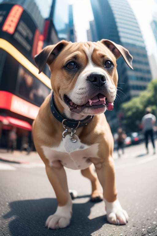 cute angry pit bull on a New York street, cinematic, epic frame, fisheye, 3d effect, blur, busy city, scared people, blurred background, skyscraper, pop culture, puppy, barking puppy, angry puppy, muscled puppy