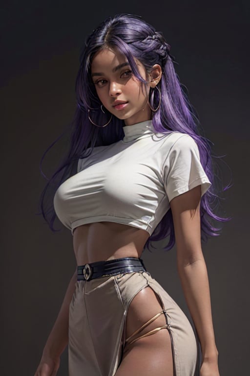 (1girl), (white crop-top t-shirt), ((large Breasts)), ((slim, skinny waist:1.2)), ((wide hips:1.6)), (grey backdrop), ((dark tan skin:1.5)), (long hair),((purple hair)), (((medieval era))), ((tow part dress)), (sexy dress) dutch angle, low camera angle, masterpiece, best quality, realistic, ultra highres, depth of field, (detailed face:1.2), (detailed eyes:1.2), (masterpiece:1.2), (ultra-detailed), (best quality), intricate, comprehensive cinematic, photography, (gradients), colorful, visual key, backlit